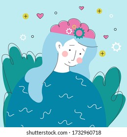 Mental health concept Psychotherapy and psychology help Woman character with mechanism in a head Good mood, harmony Cartoon style flat vector illustration