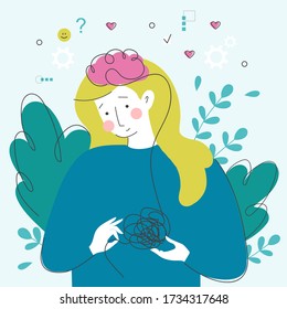 Mental health concept Psychotherapy and psychology help Woman character with 
entangled threads in a head Good mood, harmony Solve Mental problems Cartoon style flat vector illustration