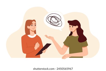 Mental Health Concept. Psychotherapy Session - Sad Woman Talking to Psychologist. Vector Flat Illustration.