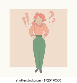 Mental health concept. The red-haired woman is angry, wonders what to do. Vector illustration in simple flat style pastel colors.