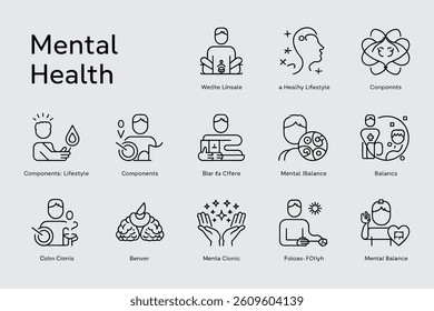 Mental Health Concept Represented With Line Art Icons Focusing On Well Being And Wellness