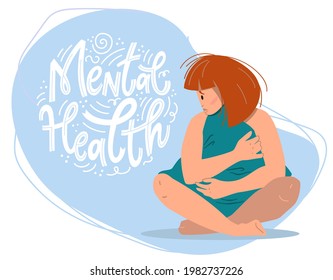 Mental health concept. Sad woman with depression sitting on the floor. Colorful vector illustration in flat cartoon style..