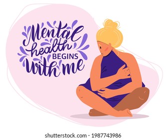 Mental health concept. Sad woman with depression sitting on the floor. Colorful vector illustration in flat cartoon style..