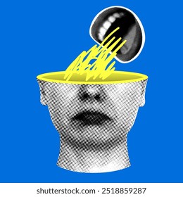 Mental health concept. Sad woman and screaming mouth. Psychotherapy. Modern halftone collage. Criticism from people. Depressed woman