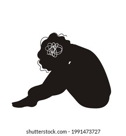 Mental health concept. Sad womans silhouette with depression sitting on the floor. Colorful vector illustration in flat cartoon style