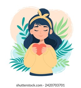 Mental health. The concept of self-care and self-love. Young positive girl with heart in hands. Psychological therapy. Vector illustration in simple style.