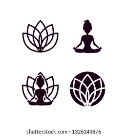 Mental health concept. Set of elements with meditating woman and lotus flower. Vector illustration in flat style.