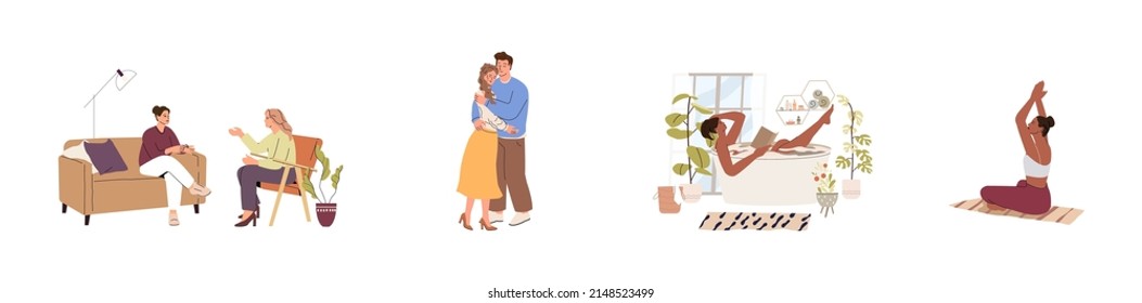 Concepto de salud mental. Conjunto de ilustraciones vectoriales. Un hombre apoya a una mujer. La niña está sentada en una consulta con un psiquiatra. Una joven se recupera, descansa, lee un libro en el baño