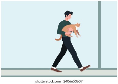 mental health concept, single man holding cat, walking street, happy mood, relax calm peaceful feeling, minimal flat vector illustration 