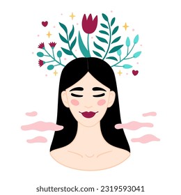 Mental health concept. Smiling Asian woman accepts, loves herself. Girl feels relaxed, confident. Flowers grow from the woman head. Happiness, harmony, positive thinking, self care concept.