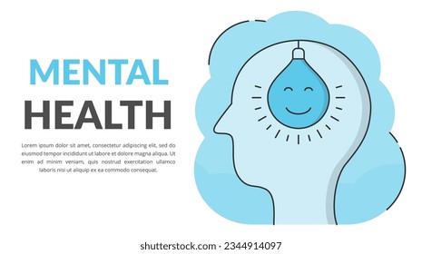 Mental health concept with smiling light bulb inside human head profile, vector eps10 illustration