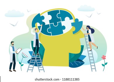 Mental health concept. Solving mental problems. Psychotherapy and help. Vector