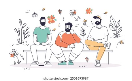 Mental Health Concept three men sitting on bench surrounded by flowers and plants colorful illustration with nature elements and casual outfits