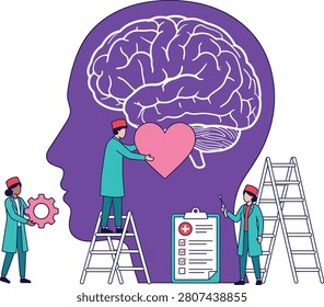 Mental health concept with tiny doctors treating brain illness, psychological therapy, emotional intelligence and neuroscience illustration isolated on white