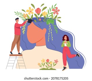 Mental health concept. Tiny people and flowers inside female head abstract vector illustration. Positive thinking, self care, healthy slow life. Wellbeing, wellness mind. Acceptance, blooming brain.