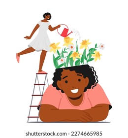 Mental Health Concept. Tiny Woman Watering Flowers Growing in Huge Female Character Head. Psychological Support, Healthy Mind, Positive Thinking, Happiness. Cartoon People Vector Illustration