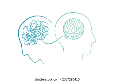 Mental health concept of two heads with brain as continuous line in blue green vector illustration