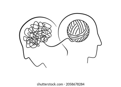 Mental health concept of two heads with brain as continuous line in vector illustration