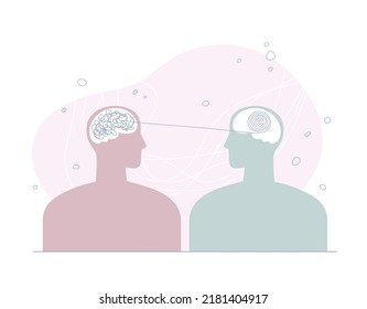 Mental health concept. Two human head silhouettes. Psychotherapy overcoming stress concept. Therapist and patient. Modern flat style vector illustration for psychologist blog or social media post.