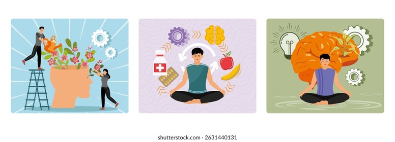 Conceito de saúde mental. Duas pessoas trabalhando juntas para manter a saúde mental e emocional. Um homem sereno meditando dentro de um círculo de símbolos de saúde. Meditação Representa uma pessoa meditando ao lado.