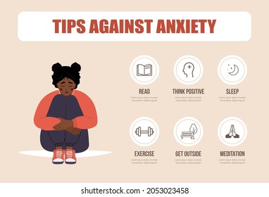 Mental health concept. Unhappy african woman sitting on floor and hugging knees. Mood disorder. Tips for anxiety. Depressed girl needs psychological help. Vector illustration in flat cartoon style.