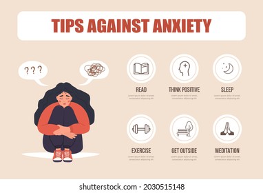 Mental health concept. Unhappy woman sitting on floor and hugging knees. Mood disorder. Tips for anxiety. Depressed girl needs psychological help. Vector illustration in flat cartoon style.