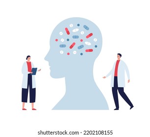 Mental health concept. Vector flat design healthcare illustration. Psychiatry and psychology male and female doctor character. Human head silhouette with medicine pills isolated on white background.