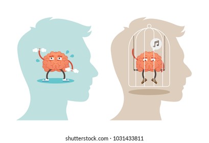 Mental Health concept vector illustration with active, healthy and restricted, unhealthy brain.