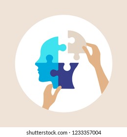 Mental Health Concept, Vector Illustration, Puzzle Shaped Head Lacking One Piece, Human Hands Placing The Last Piece In Place