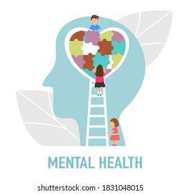 Mental health concept vector illustration. girl and boy making heart jigsaw in brain. World mental health day. Psychological therapy and treatment flat design.	