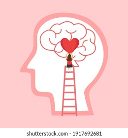 Mental health concept vector illustration. Brain and heart. World mental health day. Woman put red heart on human brain in flat design on pink background.