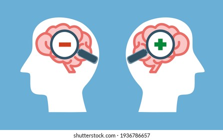 Mental health concept vector illustration. Positive thinking and negative thinking. Hand holding magnifying glass on brain in flat design.
