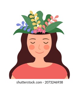 Mental health concept vector illustration. Smiling woman with flower and plant on her head. World mental health day. Psychological therapy and treatment. Positive thinking. Mindfulness.