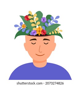 Mental health concept vector illustration. Smiling man with flower and plant on his head. World mental health day. Psychological therapy and treatment. Positive thinking. Mindfulness.