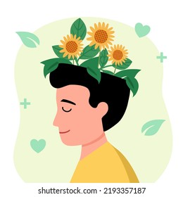 Mental health concept vector illustration. Flower on human head in flat design.