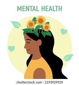 Mental health concept vector illustration. Flower on female head in flat design.