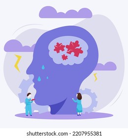 Mental health concept vector illustration. Character with mental disorder fight against stress, depression, emotional burnout and other psychological problems. Psychotherapy concept.