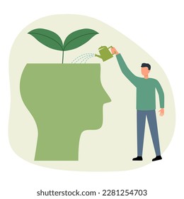 Ilustración vectorial del concepto de salud mental. Planta de riego de hombre dentro de la cabeza humana en diseño plano.