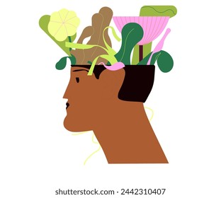 Mental health concept vector illustration. Silhouette of human head with green leaves in flat design on light  background.