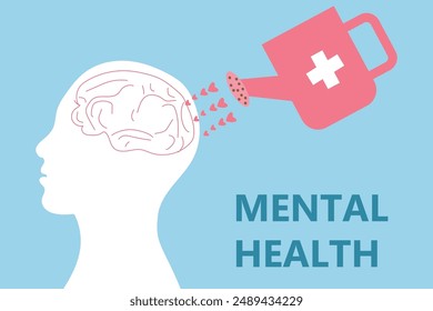 Mental health concept vector illustration. World mental health day. Flower plant growing in brain flat design. Brain and mind care.