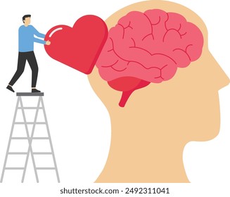 Mental health concept vector illustration. Brain and heart. World mental health day. Woman put red heart on human brain in flat design on pink background.

