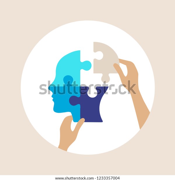 メンタルヘルスのコンセプト ベクターイラスト パズルの形をした頭に1つのピースが欠け 人間の手が最後のピースを配置する のベクター画像素材 ロイヤリティフリー