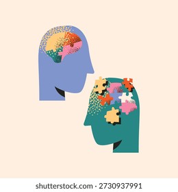 Concepto de salud mental Vector de dos Perfiles humanos con cerebros de rompecabezas que simbolizan la psicoterapia, el asesoramiento, la Asistencia cognitivo conductual, la empatía, la demencia y la neurodiversidad Conectividad