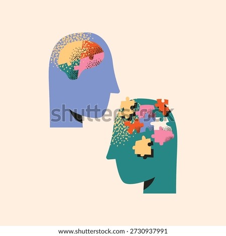 Mental Health Concept Vector of Two Human Profiles with Puzzle Brains Symbolizing Psychology Therapy, Counseling, Cognitive Behavioral Support, Empathy, Dementia, and Neurodiversity Connectivity