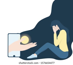 Mental Health Concept. Woman With Mental Disorder. Young Female Character Suffer From Depression. Therapy And Psychological Support Banner. Illustration In Cartoon Style