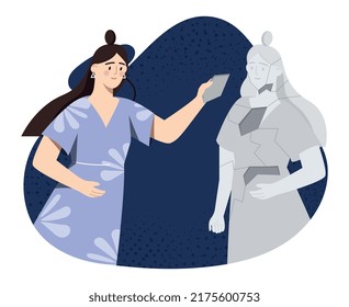 Mental health concept. Woman picking herself up piece by piece. Psychological work and self development. Girl feel nervous. Problems with inner world and balance. Cartoon flat vector illustration