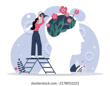 Mental health concept. Woman planting flowers in abstract head silhouette. Mindfulness, positive thinking and optimism. Psychology, consciousness and subconsciousness. Cartoon flat vector illustration