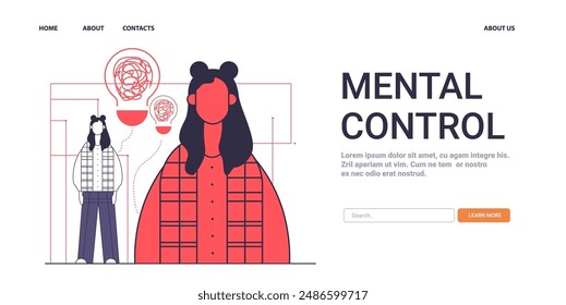 Mental Health Concept Woman kämpft mit Gedanken Abstrakte Illustration mit großer Frauenfigur kleinere Figur Denkblasen Rot- und Blautöne Website Design