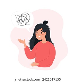 Mental health concept - woman talking to about his problems, confused thoughts. Vector illustration in flat style