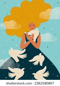 Concepto de salud mental. Mujer con pájaros blancos en las nubes. Vector.